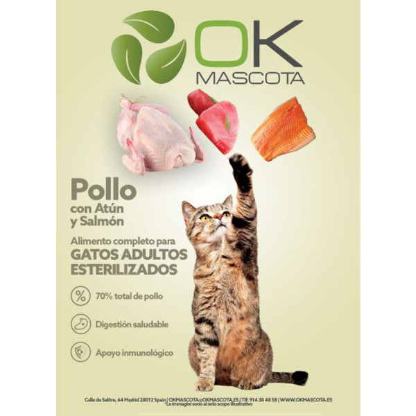 OK MASCOTA Gato Adulto Esterilizado con Pollo, Atún y Salmón 1,5 kg